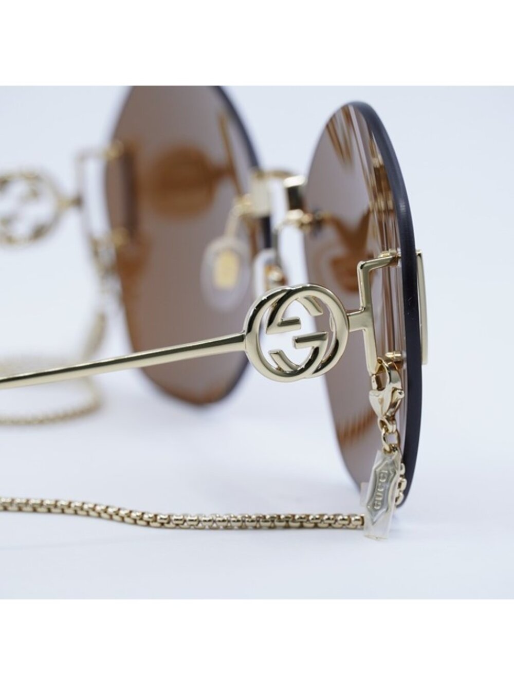 Gucci GG1203S 003 Sunglasses Gold Round Frame, Brown with Gold Chain Lenses - Picture 6 of 11
